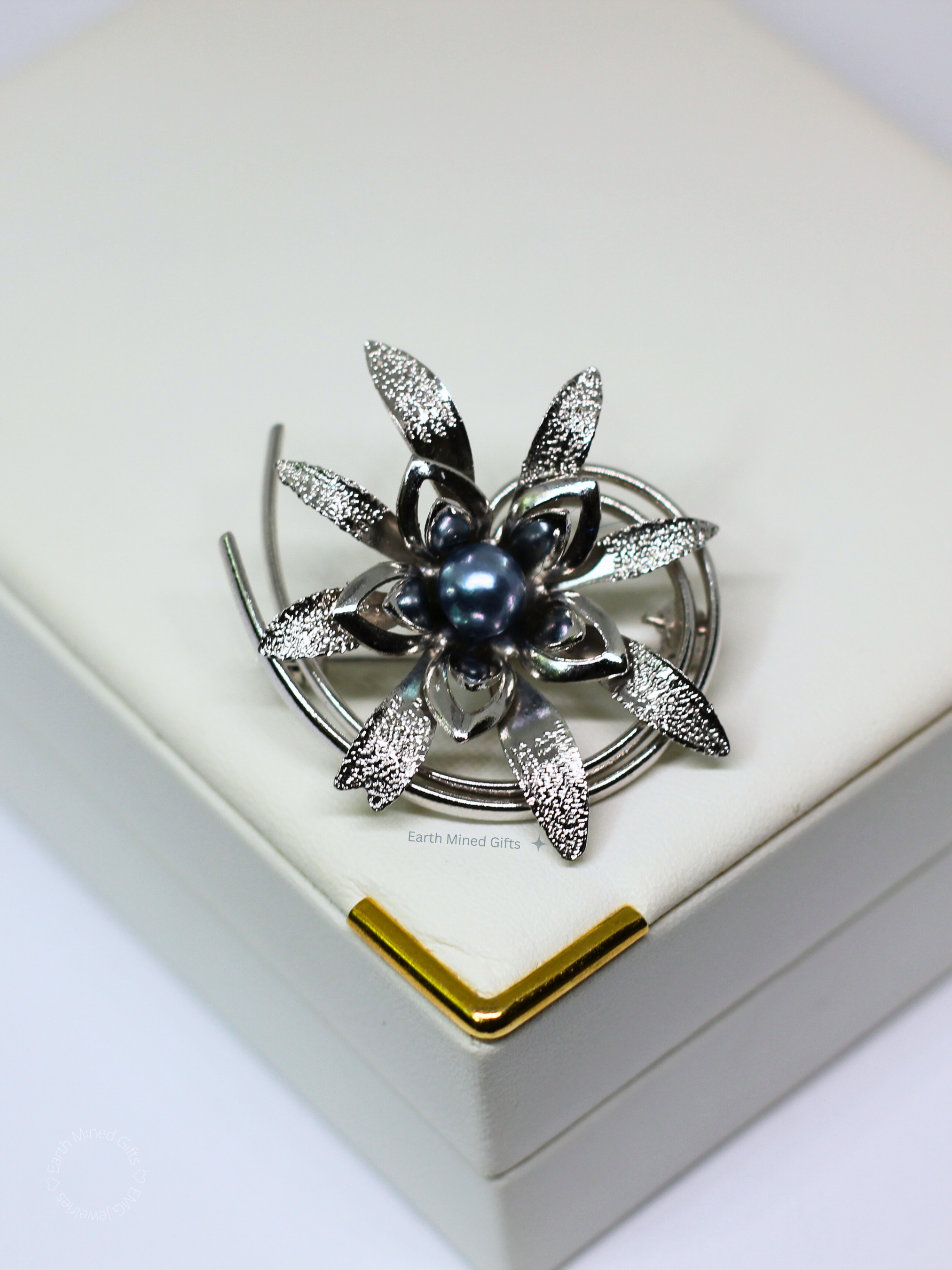 Silver Flower Brooch with Blue Akoya Pearl Center