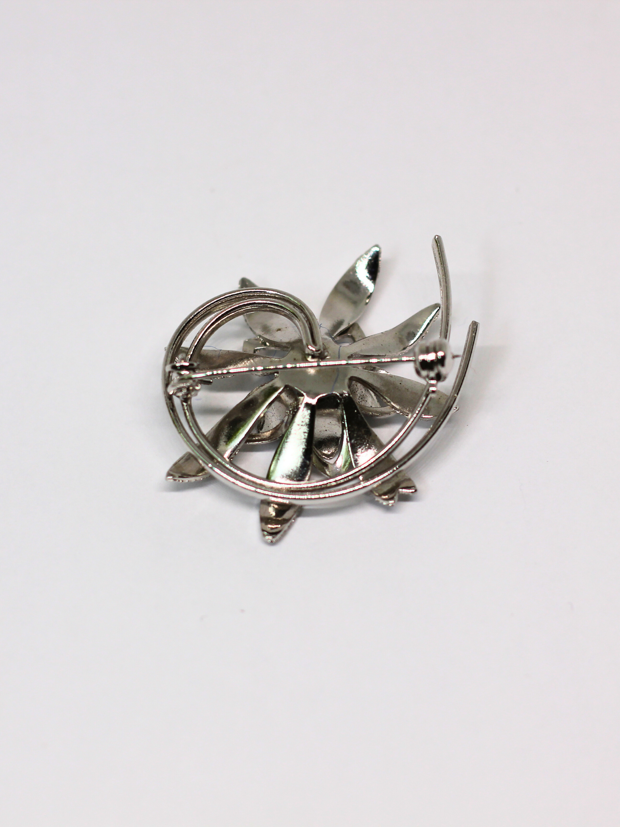 Silver Flower Brooch with Blue Akoya Pearl Center