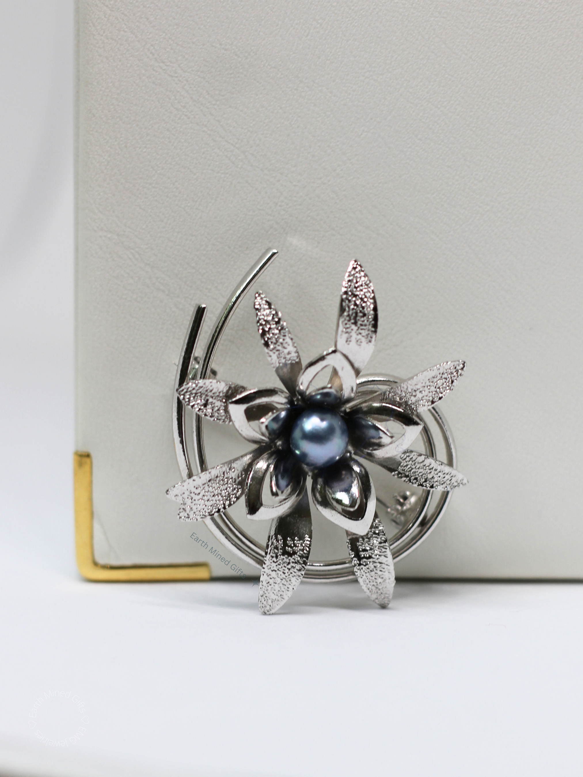 Silver Flower Brooch with Blue Akoya Pearl Center