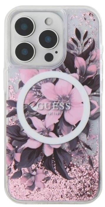 10 ud. in stock GUESS CARCASA MAGSAFE LIQUID GLITTER FLOWER IPHONE 16 PRO ROSA