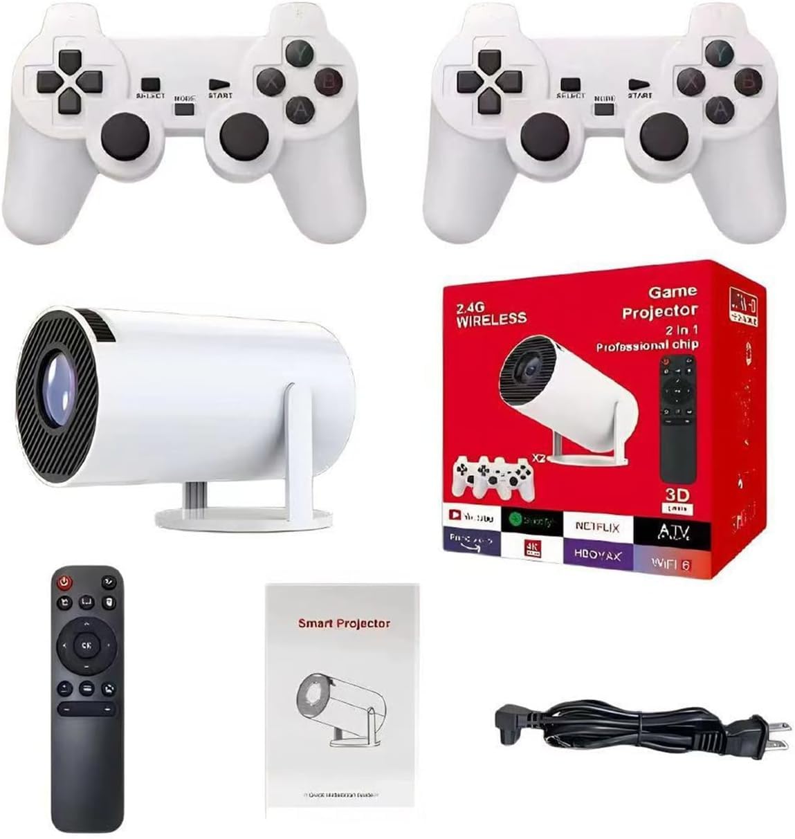 Proyector de consola retro, proyector de juegos profesional 2 en 1, 4K HD con juegos retro integrados, TV inteligente para interiores y exteriores