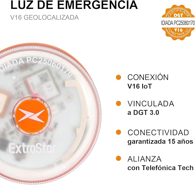 EXTRASTAR Luz de Emergencia V16 Homologada DGT con Geolocalización 3.0 - Aviso Ubicación Coches, Plan de Datos Incluido - Base Imantada IP54 - Cumple Normativa 2026
