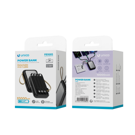 UNICO-PB1685 power Bank de energía de 10000 mAh y 10 W con cable incorporado y pantalla digital grande