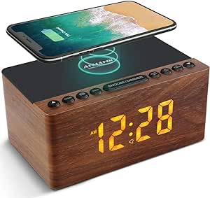 Wooden Digital Alarm Clock with Wireless Charging