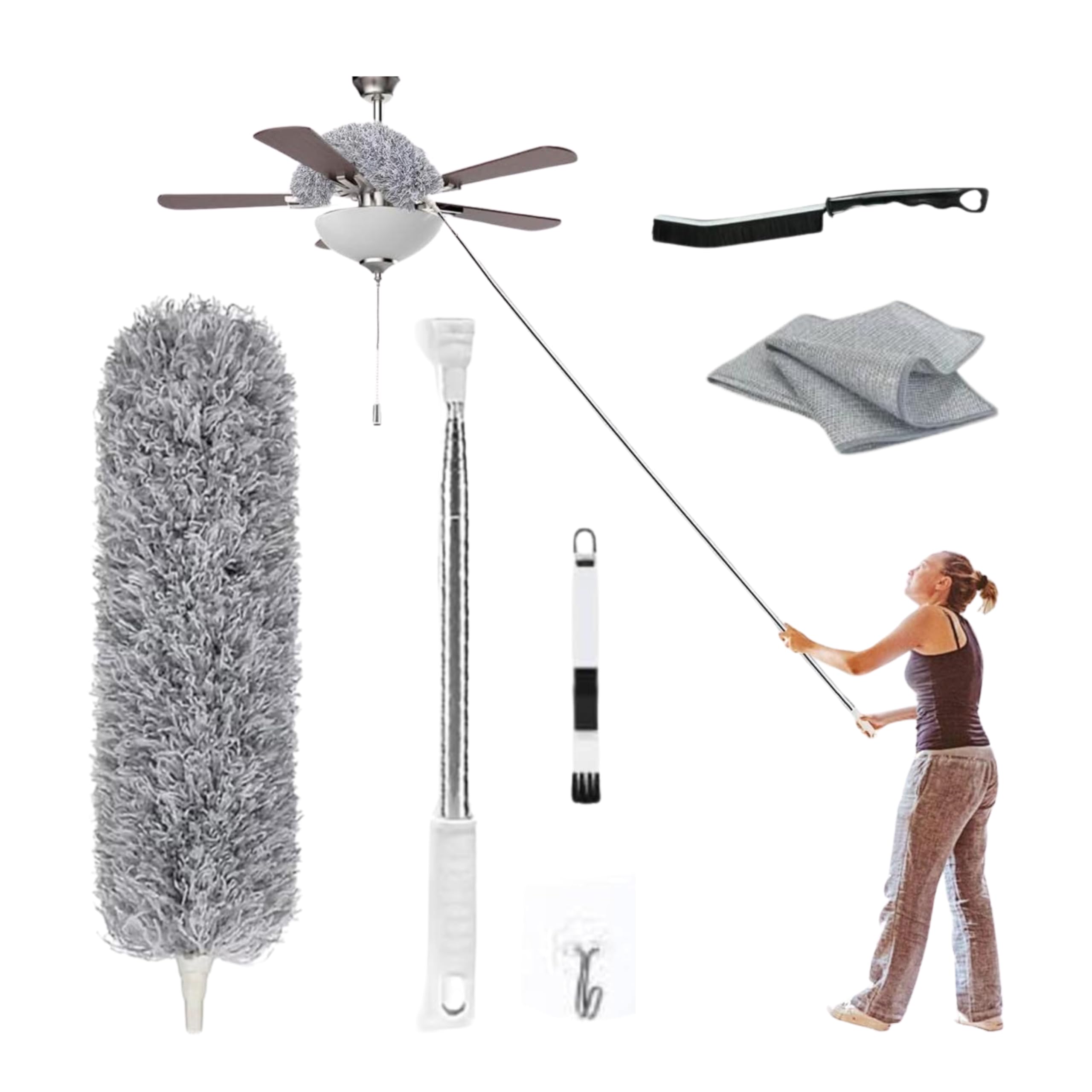 Extendable Feather Duster with 100" Telescopic Pole - Long Handled for High Ceilings, Cobwebs, Fans, Cars - Washable and Bendable