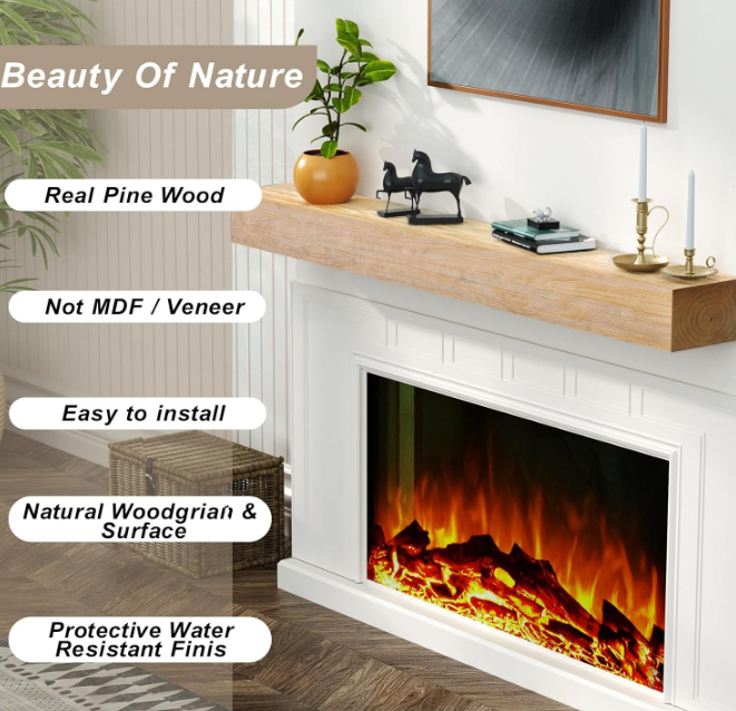 Fireplace Mantel,60" Wood Floating Fireplace Shelves,Wall Mounted Wooden Display Shelving,Handcrafted Wood Brack,Natural Mantels Over Fireplace | 60" x 8" x 5"-Aged Oak