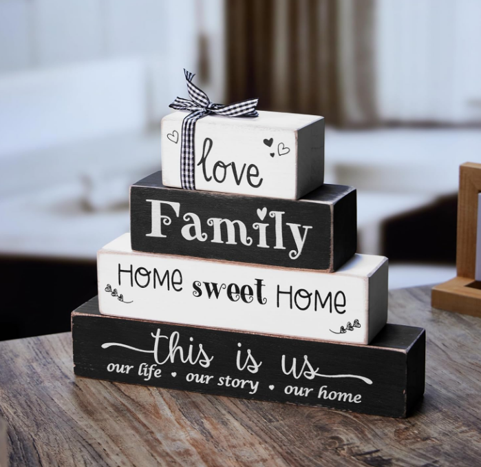 4 Pieces Farmhouse Wood Stacking Blocks for Home Living Room Bedroom Table Decor, Rustic Love/Family/Home Sweet Home/This Is Us Wooden Sign Decorations for Coffee Tabletop, Mantel, Shelf Decor