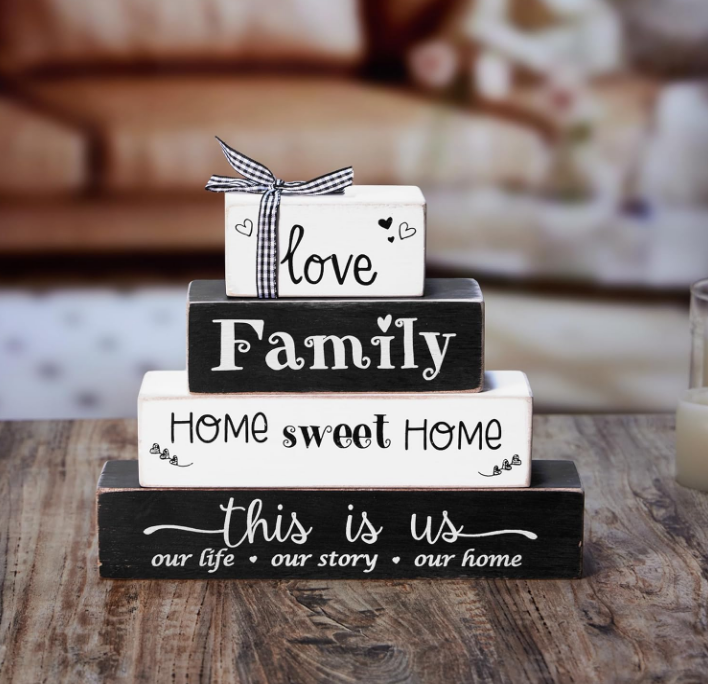 4 Pieces Farmhouse Wood Stacking Blocks for Home Living Room Bedroom Table Decor, Rustic Love/Family/Home Sweet Home/This Is Us Wooden Sign Decorations for Coffee Tabletop, Mantel, Shelf Decor