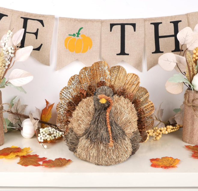 Thanksgiving Turkey Decorations Indoor, Sisal Turkey Figurines Home Centerpiece Decor Handmade Large Turkey for Table Office Mantel Decor Fall Harvest Gifts