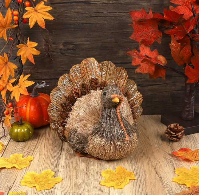 Thanksgiving Turkey Decorations Indoor, Sisal Turkey Figurines Home Centerpiece Decor Handmade Large Turkey for Table Office Mantel Decor Fall Harvest Gifts