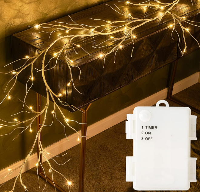  Lighted Birch Garland with Timer 48 LED Fairy Lights 6ft Battery Operated for Mantle Decor, Lit Christmas White Twig Garland Winter Home Wall Decoration Indoor Outdoor Use 1 Set