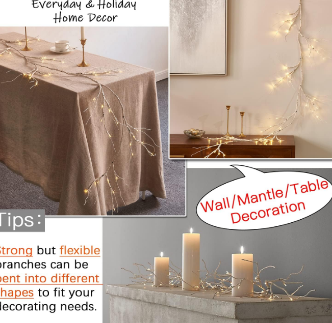  Lighted Birch Garland with Timer 48 LED Fairy Lights 6ft Battery Operated for Mantle Decor, Lit Christmas White Twig Garland Winter Home Wall Decoration Indoor Outdoor Use 1 Set