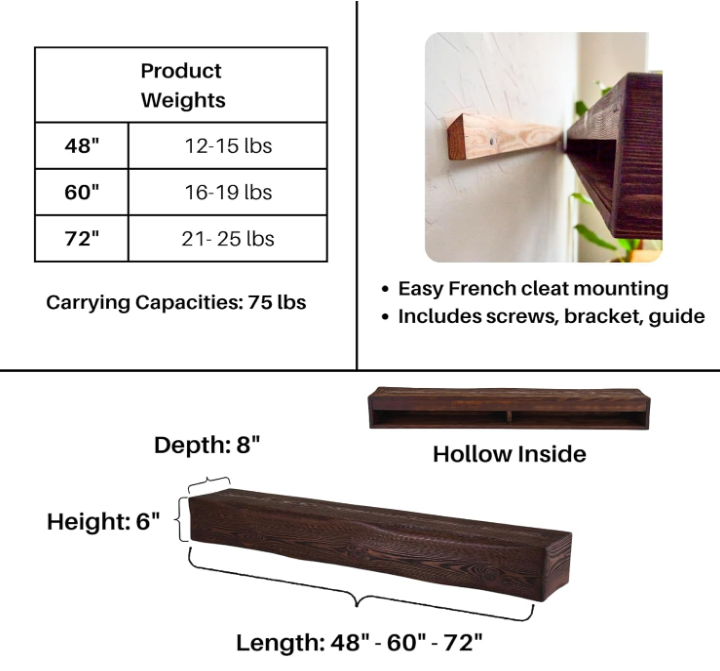 Handmade Fireplace Mantel Shelf 72", Rustic Wood Mantles for Over Fireplace, Wall Mounted Floating Mantel Shelves for Living Room Decor (Dark Walnut, 72Lx6Hx8D)