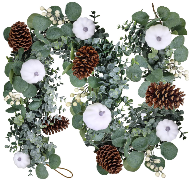 Fall White Pumpkin Garland Artificial Eucalyptus Garland with Pumpkins Pinecones Berries Fall Garland 5.9' L Farmhouse Wedding Arch Backdrop Thanksgiving Mantel Table Runner Centerpiece Decor