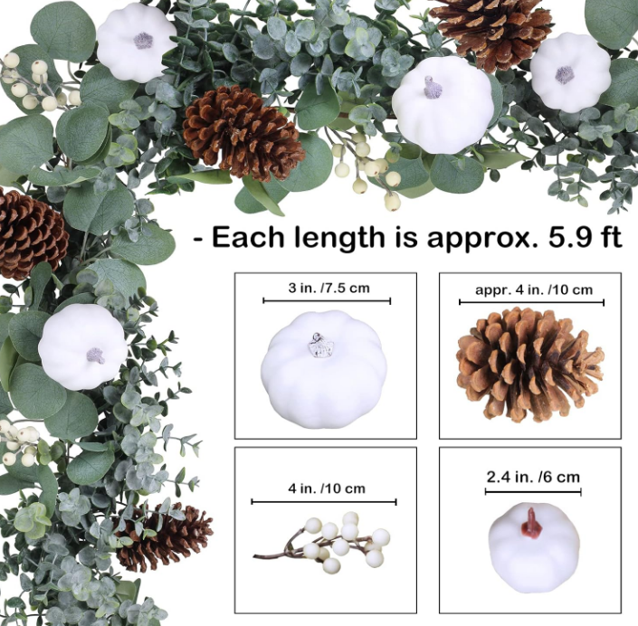 Fall White Pumpkin Garland Artificial Eucalyptus Garland with Pumpkins Pinecones Berries Fall Garland 5.9' L Farmhouse Wedding Arch Backdrop Thanksgiving Mantel Table Runner Centerpiece Decor