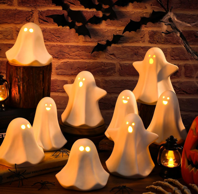 9 Pcs Halloween Ceramic Ghost Figurines with LED Lights, Small White Spooky Ghost Sculpture Statue Cute Halloween Miniatures for Gifts Home Centerpiece Table Mantel Collections Decorations