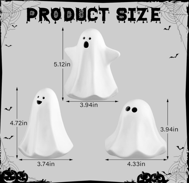 9 Pcs Halloween Ceramic Ghost Figurines with LED Lights, Small White Spooky Ghost Sculpture Statue Cute Halloween Miniatures for Gifts Home Centerpiece Table Mantel Collections Decorations