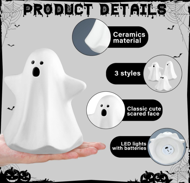9 Pcs Halloween Ceramic Ghost Figurines with LED Lights, Small White Spooky Ghost Sculpture Statue Cute Halloween Miniatures for Gifts Home Centerpiece Table Mantel Collections Decorations