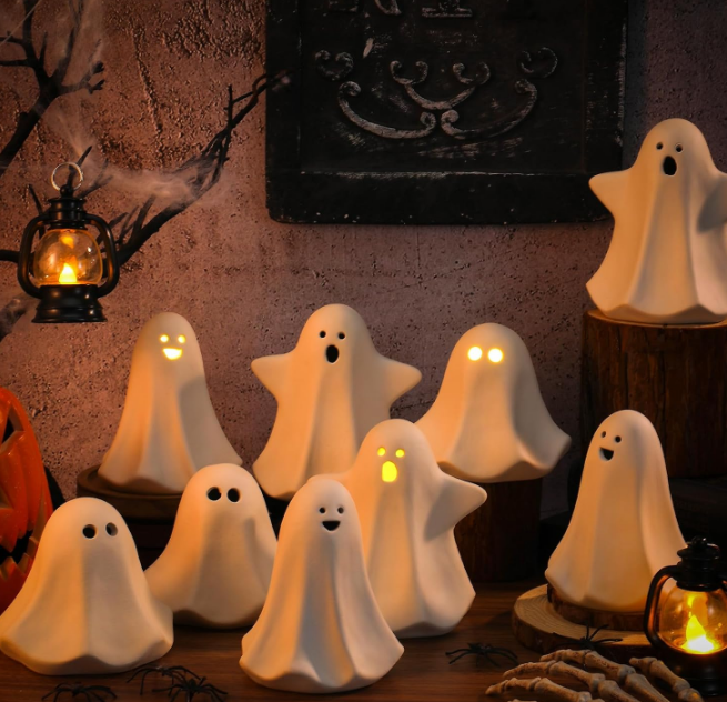 9 Pcs Halloween Ceramic Ghost Figurines with LED Lights, Small White Spooky Ghost Sculpture Statue Cute Halloween Miniatures for Gifts Home Centerpiece Table Mantel Collections Decorations