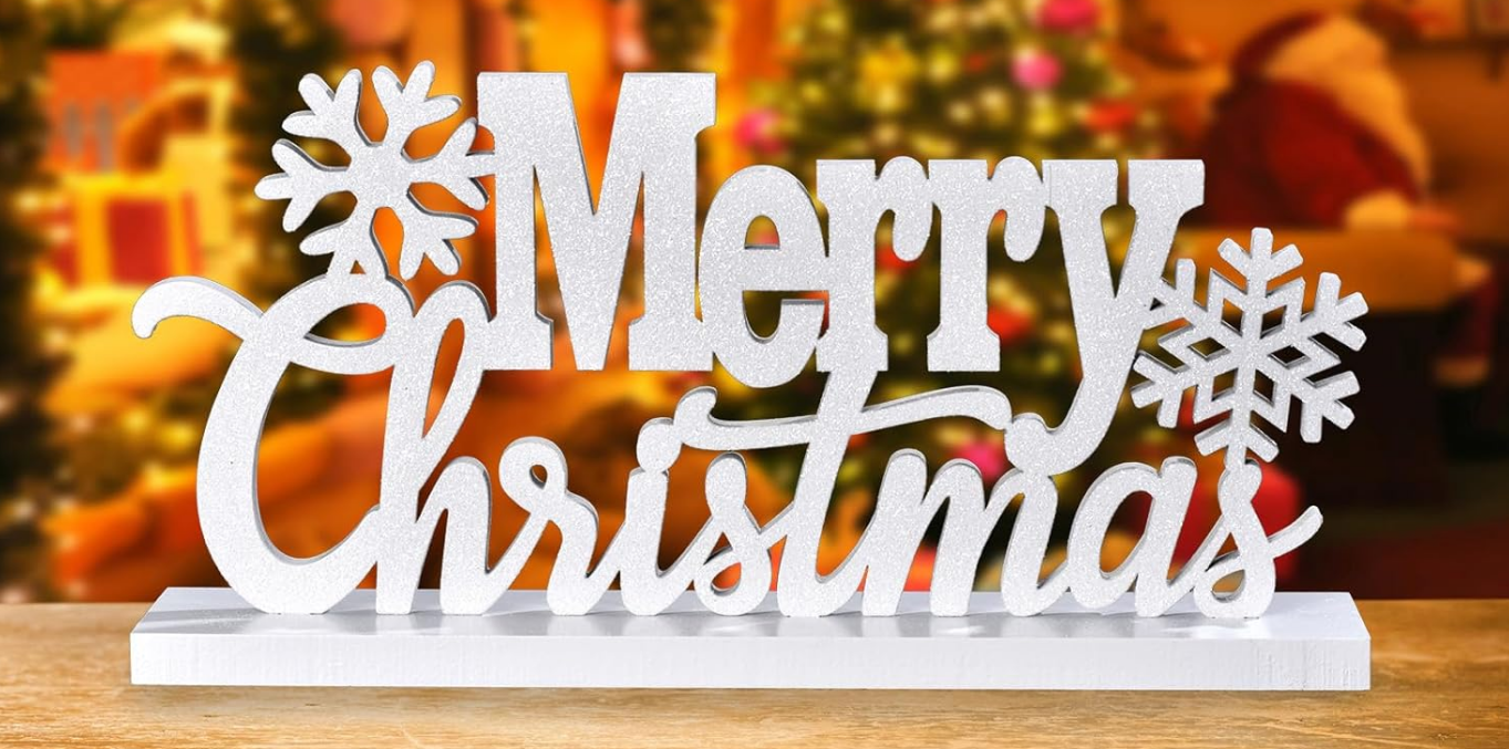 Merry Christmas Tabletop Decor, Elegant Merry Christmas Wood Cutout with Glitter, Wooden Christmas Table Sign, Christmas Centerpiece for Xmas Party Decor for Table Tiered Tray Mantel (White)