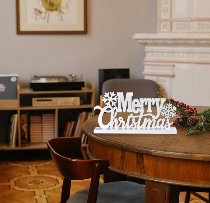 Merry Christmas Tabletop Decor, Elegant Merry Christmas Wood Cutout with Glitter, Wooden Christmas Table Sign, Christmas Centerpiece for Xmas Party Decor for Table Tiered Tray Mantel (White)