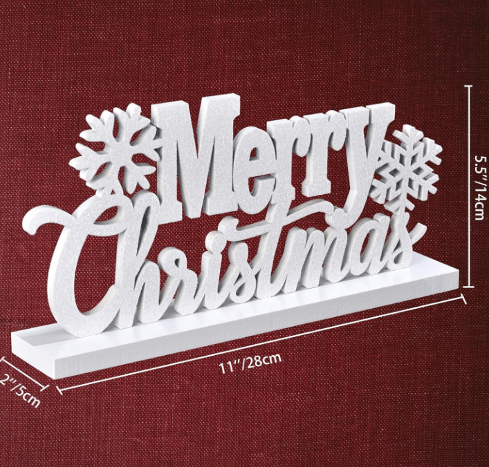 Merry Christmas Tabletop Decor, Elegant Merry Christmas Wood Cutout with Glitter, Wooden Christmas Table Sign, Christmas Centerpiece for Xmas Party Decor for Table Tiered Tray Mantel (White)