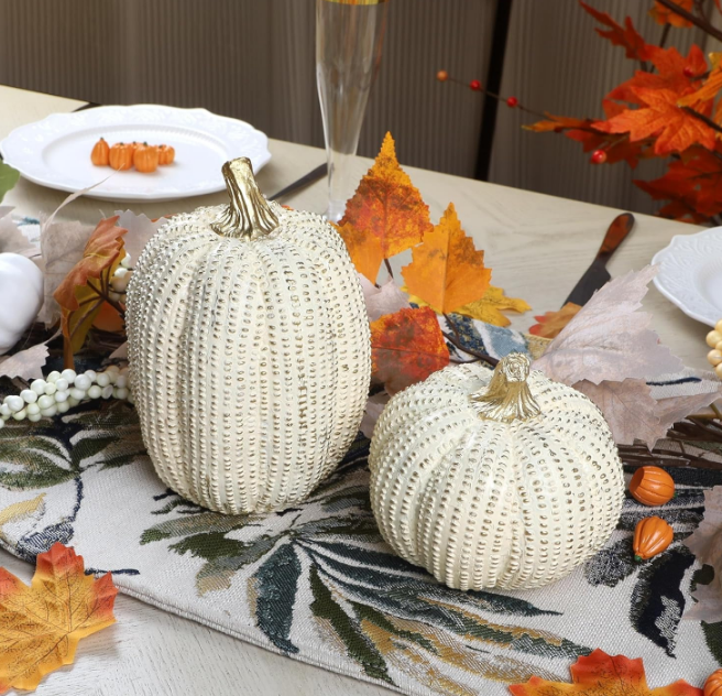 2 Pack White Pumpkins Elegant Fall Decor, Mini Resin Pumpkins Thanksgiving Decorations, Gold Glitter Pumpkin Fake Figurine Fall Centerpiece Table Decoration for Home Kitchen Mantel Wedding