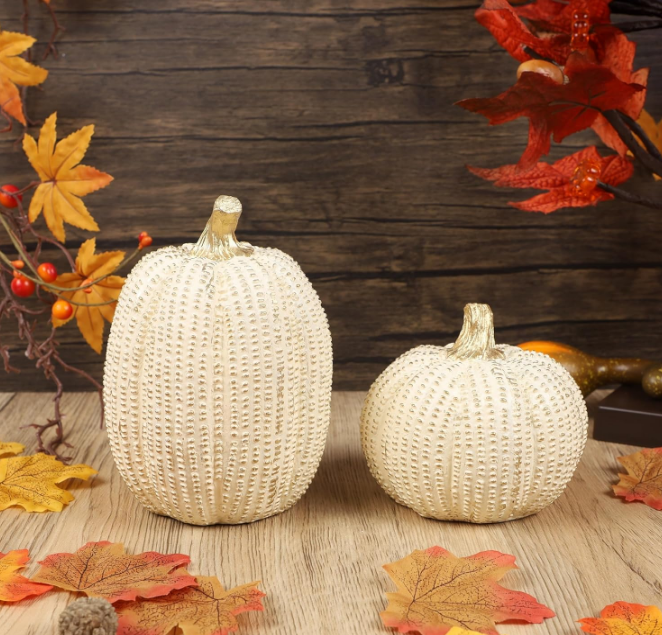 2 Pack White Pumpkins Elegant Fall Decor, Mini Resin Pumpkins Thanksgiving Decorations, Gold Glitter Pumpkin Fake Figurine Fall Centerpiece Table Decoration for Home Kitchen Mantel Wedding