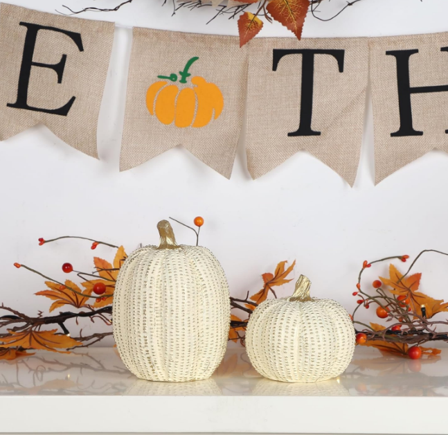 2 Pack White Pumpkins Elegant Fall Decor, Mini Resin Pumpkins Thanksgiving Decorations, Gold Glitter Pumpkin Fake Figurine Fall Centerpiece Table Decoration for Home Kitchen Mantel Wedding