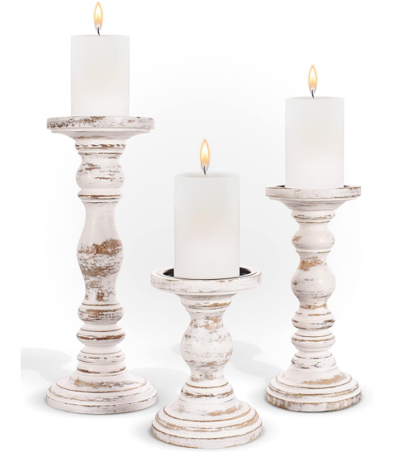 Large Candle Holders for Pillar Candles - Rustic Farmhouse Style Home Decor - Perfect for Table Centerpieces, Coffee Table or Fireplace Mantel - 3 Piece Set - White