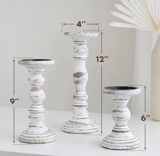 Large Candle Holders for Pillar Candles - Rustic Farmhouse Style Home Decor - Perfect for Table Centerpieces, Coffee Table or Fireplace Mantel - 3 Piece Set - White
