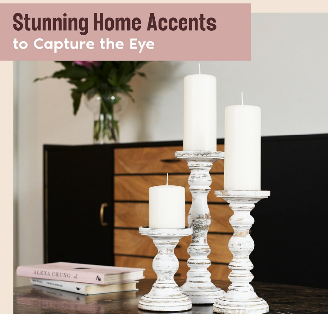 Large Candle Holders for Pillar Candles - Rustic Farmhouse Style Home Decor - Perfect for Table Centerpieces, Coffee Table or Fireplace Mantel - 3 Piece Set - White