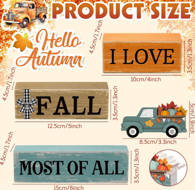 4 Pcs Fall Decor Fall Tiered Tray Decorations Hello Fall Truck Decor Autumn Tabletop Decor Rustic Wood Block Sign Gift Thanksgiving Centerpiece for Autumn Table Mantel Decor