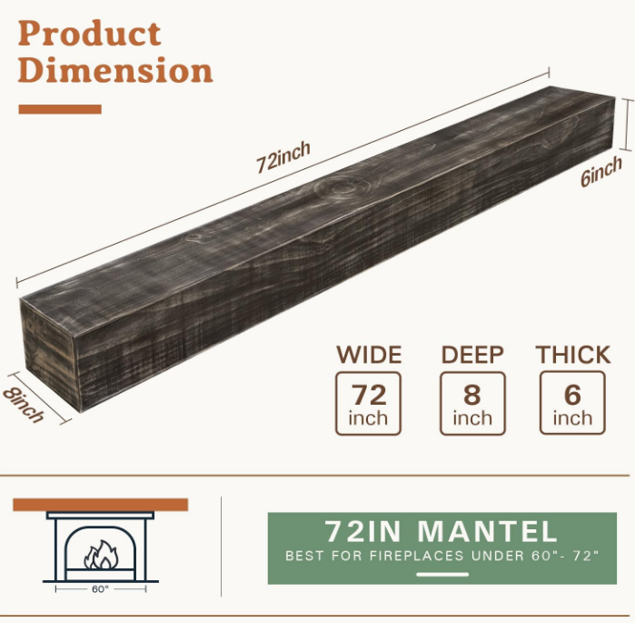 Fireplace Mantel - 72 Inch Handcrafted Fireplace Mantel Shelf - Farmhouse Fireplace Mantle Shelves - Wall-Mounted Mantles for Over Fireplace - Floating Mantel 72 Inch, Taupe