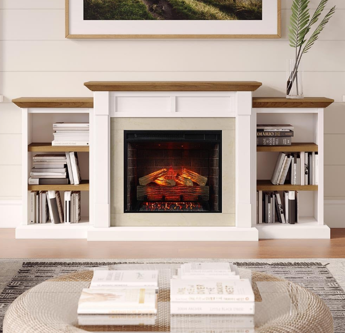  Belhaven 74 Inch Bookcase Mantel Package | 23 Inch Smart Electric Fireplace Insert Heater w/Remote | Warm Walnut Shelving | Marble or White Trim | Alexa & Google | Multi-Color Flames
