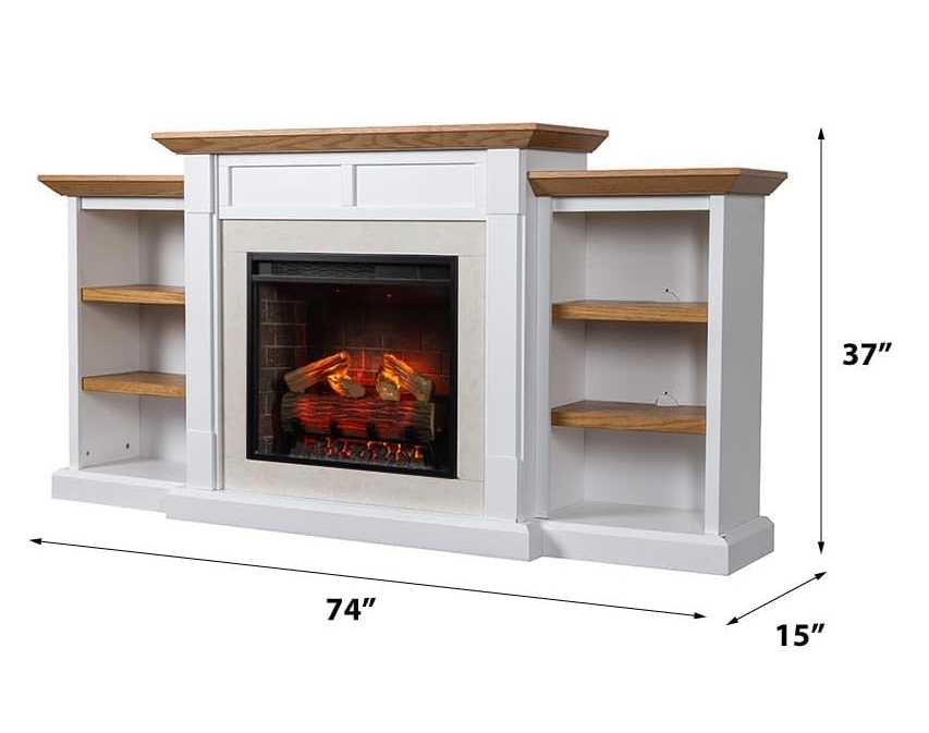  Belhaven 74 Inch Bookcase Mantel Package | 23 Inch Smart Electric Fireplace Insert Heater w/Remote | Warm Walnut Shelving | Marble or White Trim | Alexa & Google | Multi-Color Flames