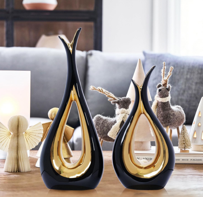 2 PCS Black Gold Vase Home Decor Accent Ceramic Vase set of 2 Vases for Centerpieces Pampas Flower Vases for Coffee Table Living Room Shelf Bookshelf Dining Kitchen Mantel and Entryway Decorations