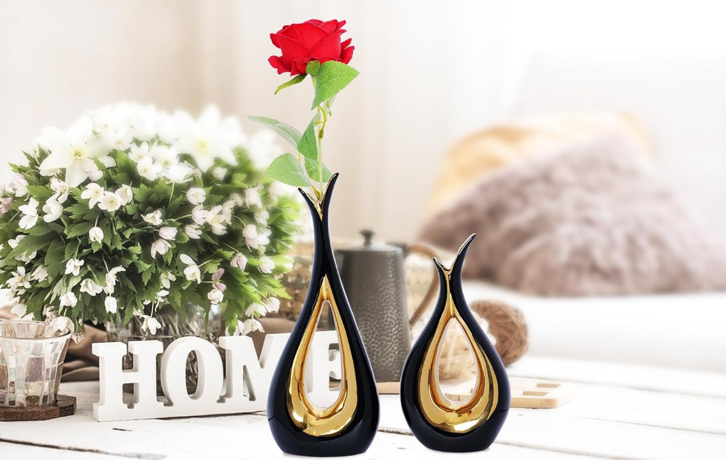 2 PCS Black Gold Vase Home Decor Accent Ceramic Vase set of 2 Vases for Centerpieces Pampas Flower Vases for Coffee Table Living Room Shelf Bookshelf Dining Kitchen Mantel and Entryway Decorations