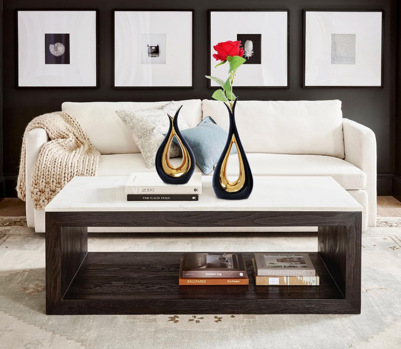 2 PCS Black Gold Vase Home Decor Accent Ceramic Vase set of 2 Vases for Centerpieces Pampas Flower Vases for Coffee Table Living Room Shelf Bookshelf Dining Kitchen Mantel and Entryway Decorations