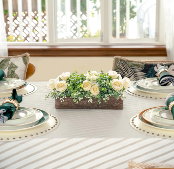 Centerpiece Table Decorations for Dining Room Farmhouse Living Room Table Centerpieces Decor Wood Tray with 3 Artificial Flowers and 2 Eucalyptus for Kitchen Table, 14.1" x 4.7" x 3.1"