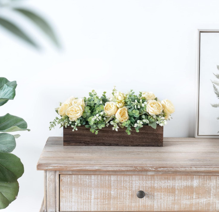 Centerpiece Table Decorations for Dining Room Farmhouse Living Room Table Centerpieces Decor Wood Tray with 3 Artificial Flowers and 2 Eucalyptus for Kitchen Table, 14.1" x 4.7" x 3.1"