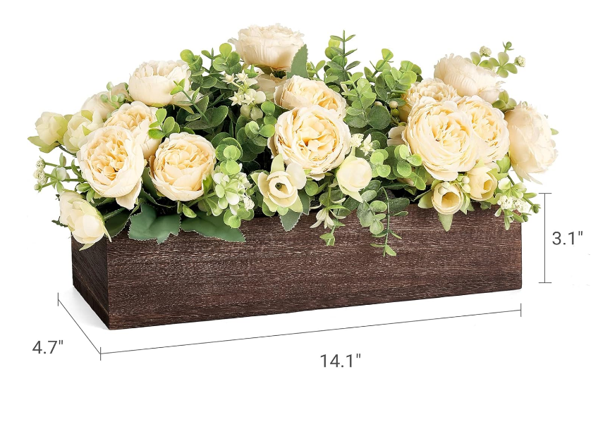 Centerpiece Table Decorations for Dining Room Farmhouse Living Room Table Centerpieces Decor Wood Tray with 3 Artificial Flowers and 2 Eucalyptus for Kitchen Table, 14.1" x 4.7" x 3.1"