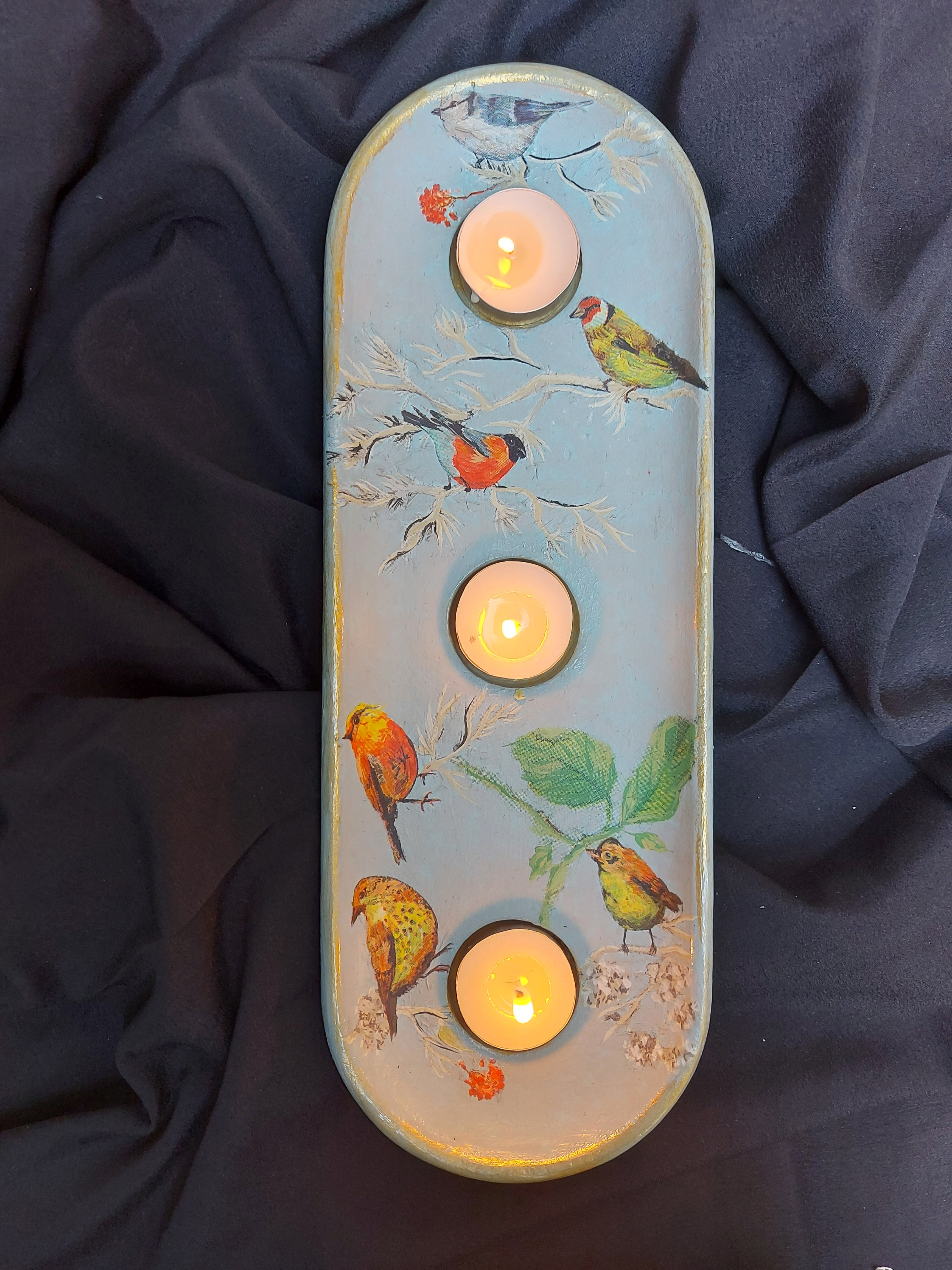 Birds in Blue Candle Holder