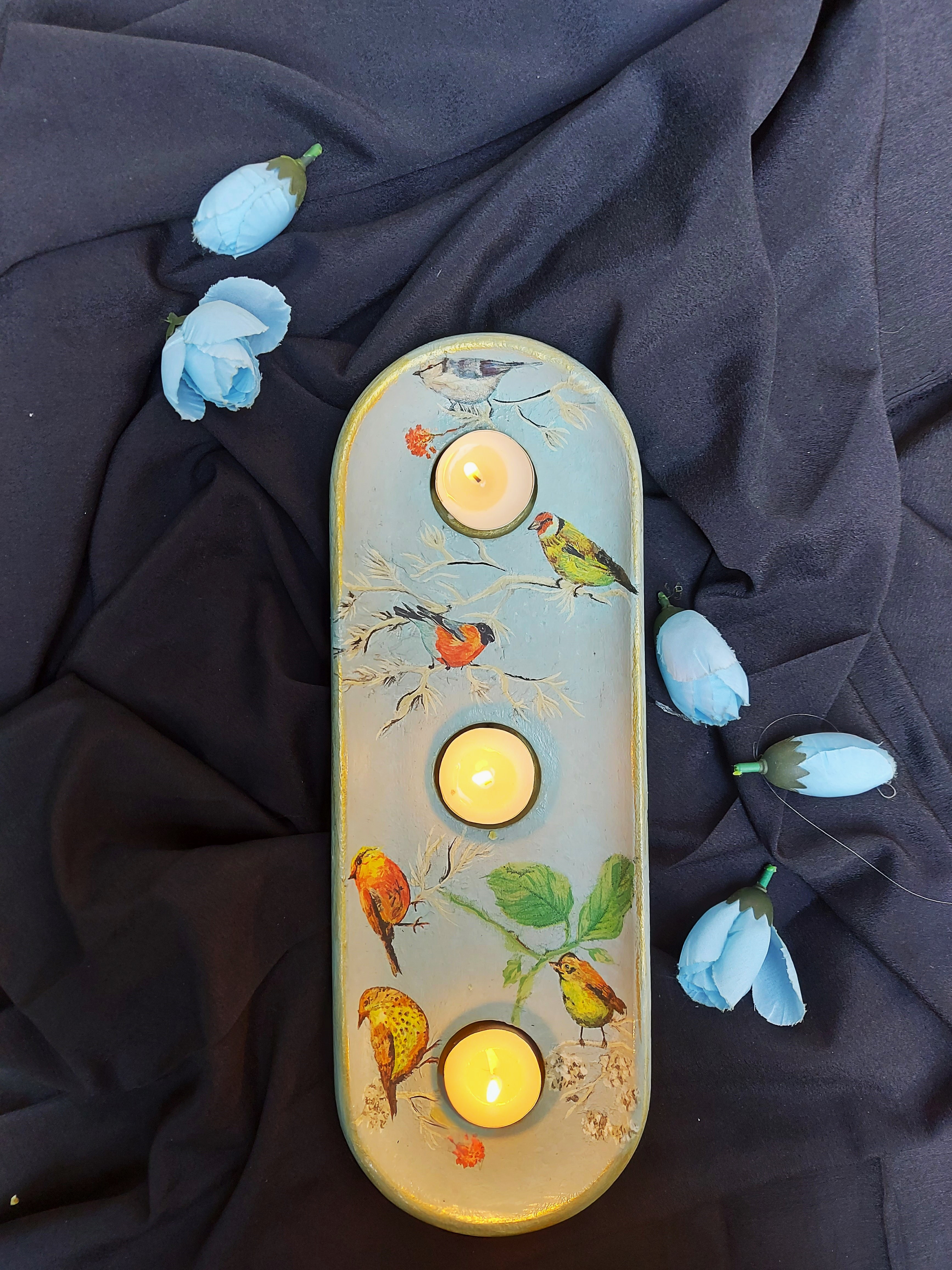 Birds in Blue Candle Holder