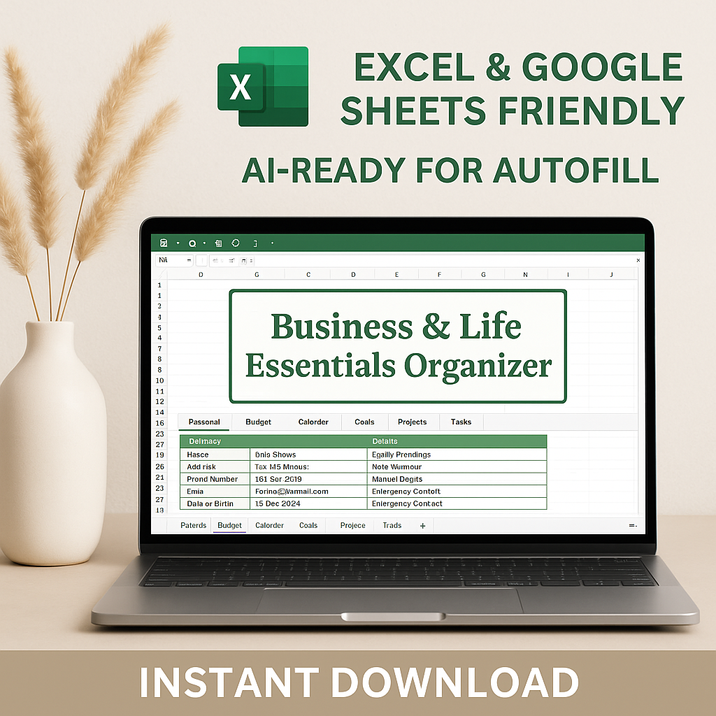 Business & Life Essentials Organizer | Excel & Google Sheets | AI-Ready | Instant Download