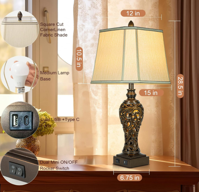 28.5" high Vintage Brown Table Lamps Set of 2 - Bedside Lamp with Faux Silk Shades - for Bedroom and Living Room with USB and Nightlight - Perfect for Nightstands and Bedrooms (Led Bulb Included)