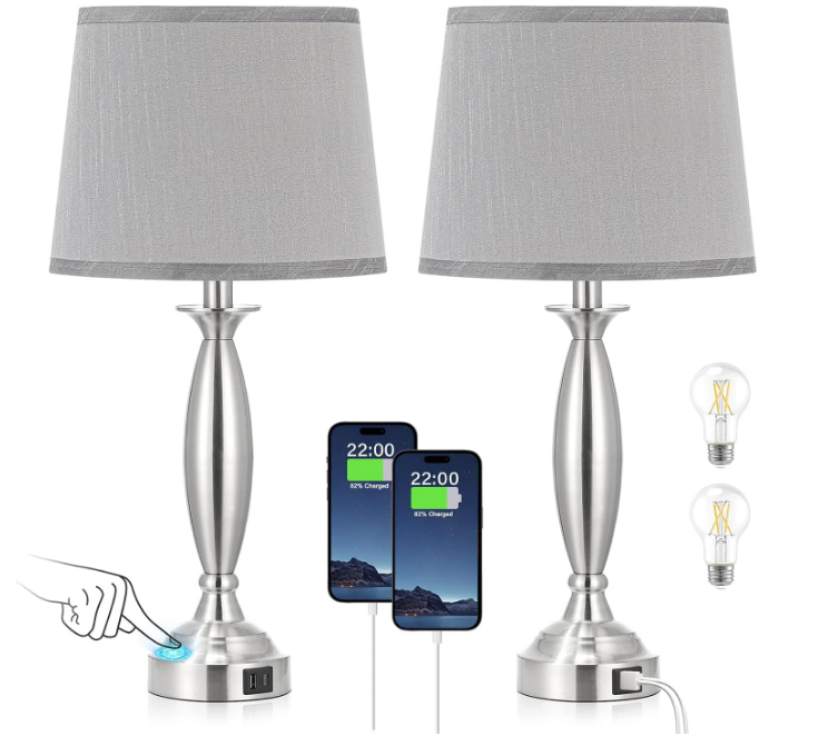 Touch Control Bedside Lamp with USB C+A, 3 Way Dimmable Nightstand Lamps with USB Port, Brushed Nickel Table Lamp for Living Room Guest Room Bed Side End Table, Set of 2