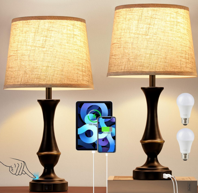 Upgraded Touch Lamps for Bedrooms Set of 2 - Nightstand Table Lamp with USB C+A, 3 Way Dimmable Bedside Lamps for Living Room End Tables, Farmhouse BedroomLamp1 Night Stand Lamps for Office