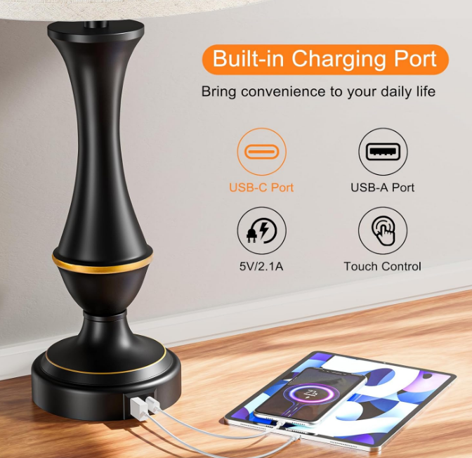 Upgraded Touch Lamps for Bedrooms Set of 2 - Nightstand Table Lamp with USB C+A, 3 Way Dimmable Bedside Lamps for Living Room End Tables, Farmhouse BedroomLamp1 Night Stand Lamps for Office