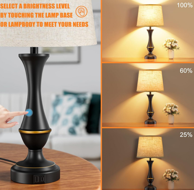 Upgraded Touch Lamps for Bedrooms Set of 2 - Nightstand Table Lamp with USB C+A, 3 Way Dimmable Bedside Lamps for Living Room End Tables, Farmhouse BedroomLamp1 Night Stand Lamps for Office